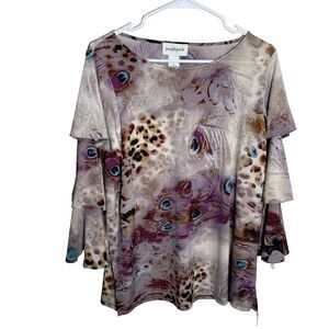 Peck & Peck Blouse Women's Medium Peacock Animal Print Ruffle 3/4 Sleeve Top